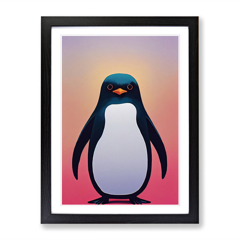 Penguin Painting Vaporwave - Single Picture Frame Print, 46cm H x 34cm W x 2cm D, Oak