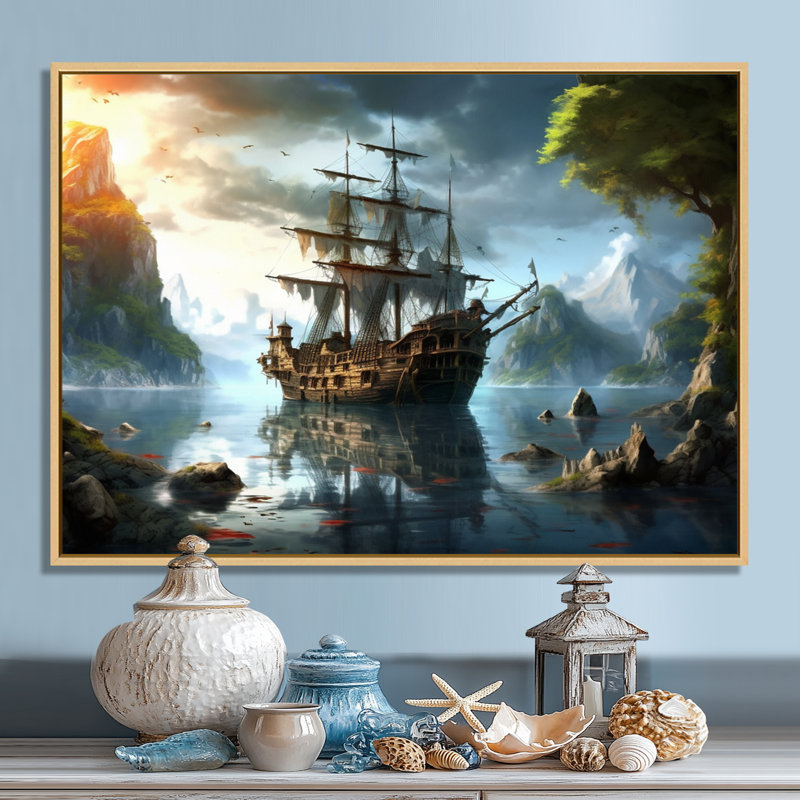 Bateau pirate en mer - art mural pirate, H 34 po x l 44 po x P 1,5 po, Cadre flottant érable