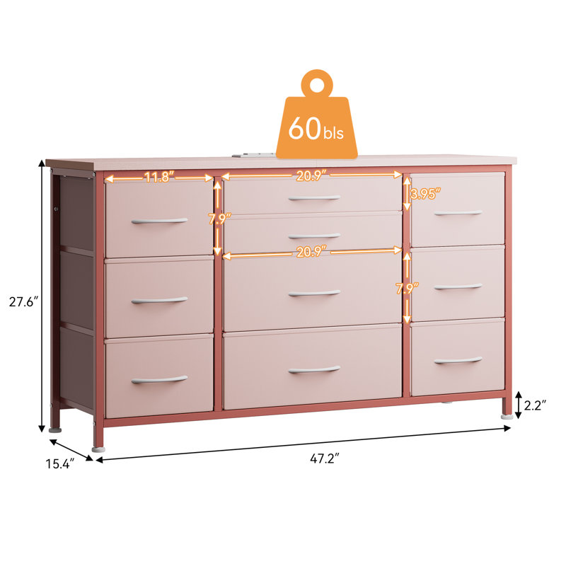 Commode 10 tiroirs avec prise de courant, Rose