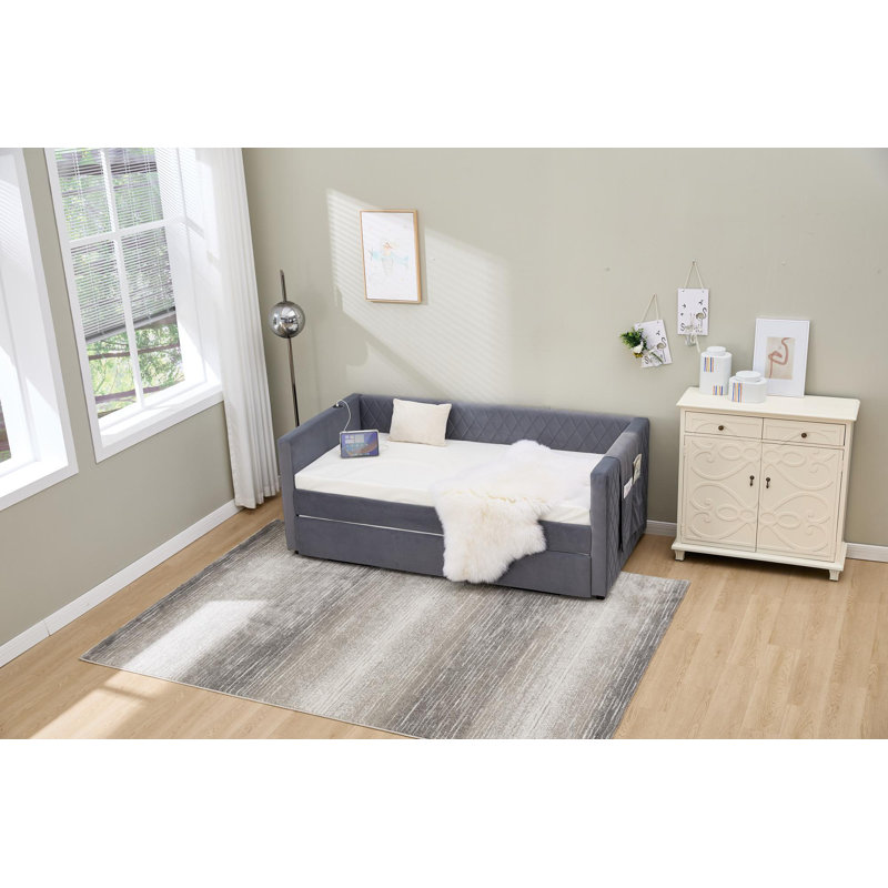Velvet sofa bed, modern diamond-shaped grid pull-out design, Gray