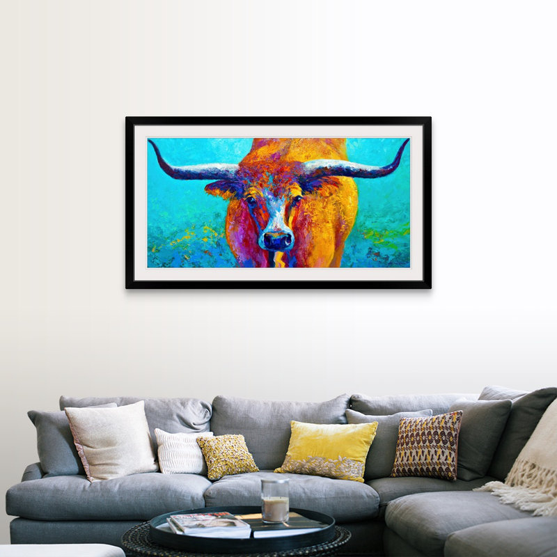 «Aidrianna Wide Spread Texas Longhorn» par Marion Rose, reproduction d'art encadrée, H 31 po x l 55 po x P 1 po