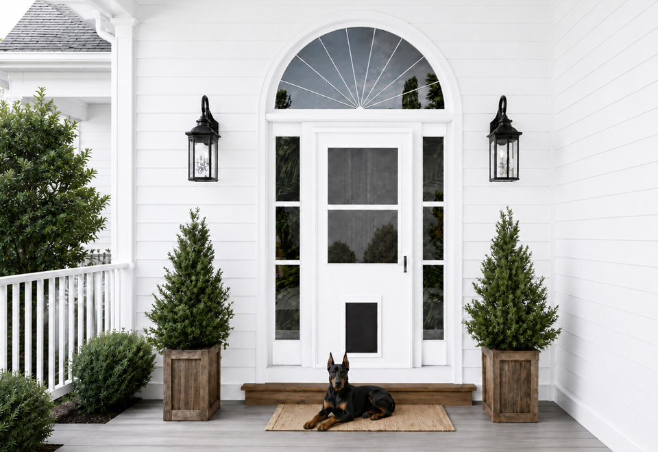 Doberman dog lying on a mat in front of a white front door with a pet door and arched transom window, flanked by two potted evergreen trees and black wall lanterns.
