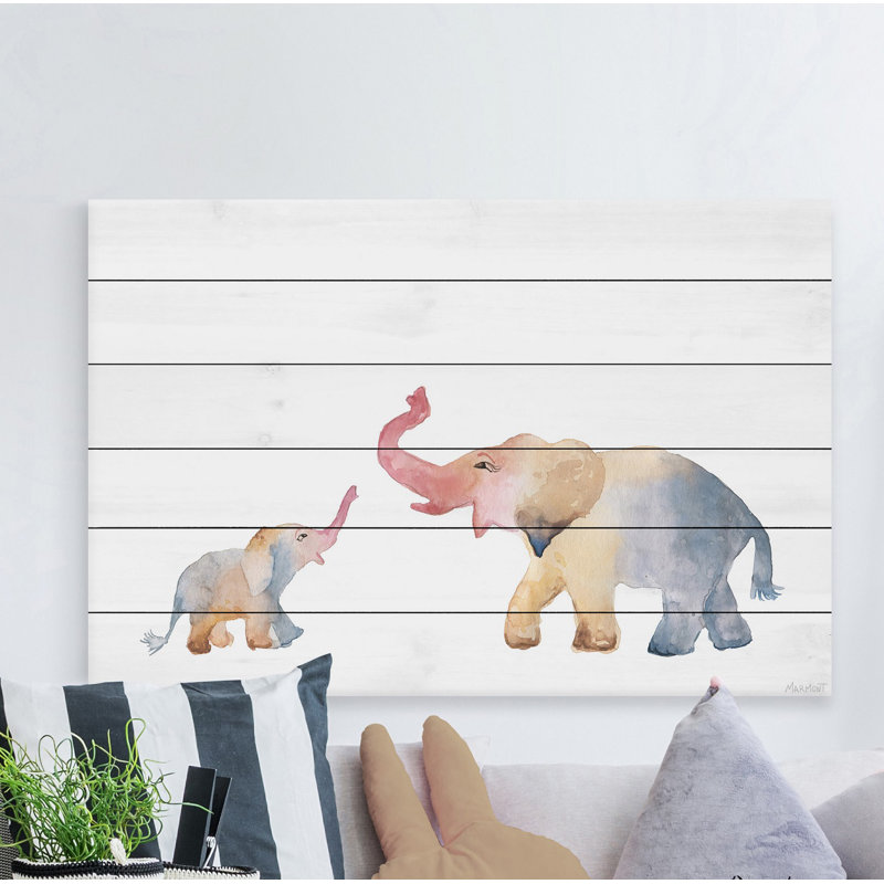 'Elephant Playtime' Print On White Wood, 12" H x 18" W x 1.5" D