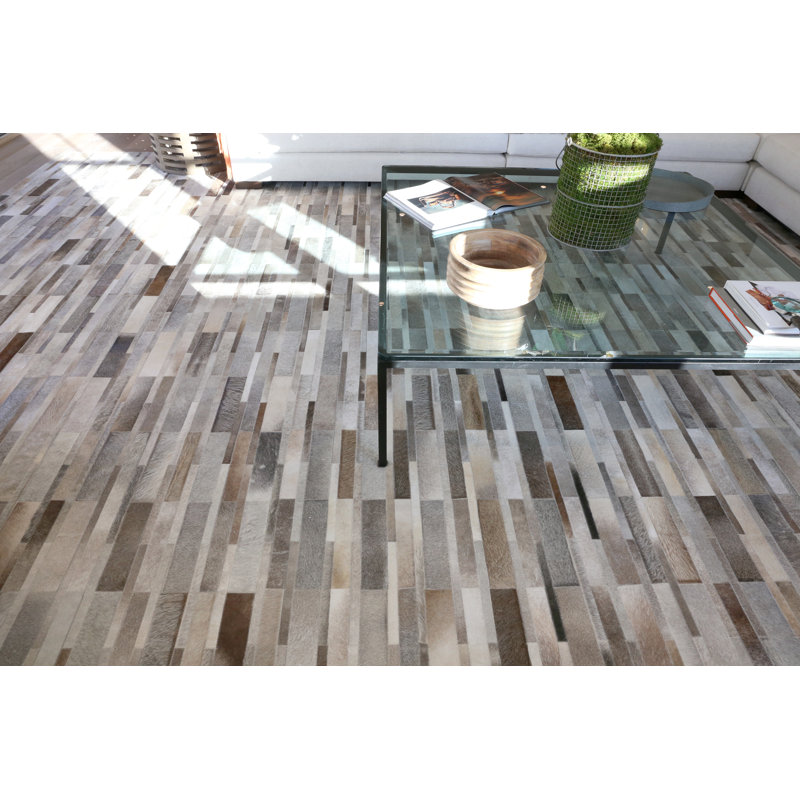 Natural Hide Hand Woven Cowhide Geometric Area Rug, Rectangle 13'6" x 17'6"