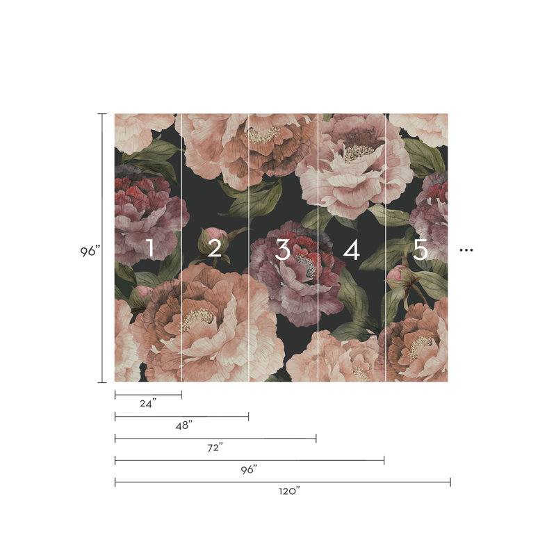 Panneau de papier peint adhésif à fleurs et colle Senger, L 96 po x l 120 po, Foncé