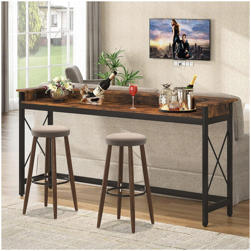 Console extra longue 70,9 po avec prises de courant et ports USB, table de canapé étroite derrière le canapé, table de bar d'entrée industrielle avec station de charge pour le salon, couloir, brun rustique