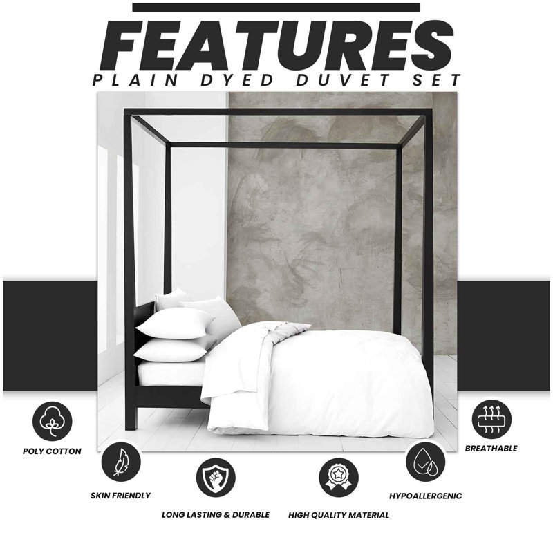 Cotton Blend Plain Dyed Duvet Cover Set with Pillowcases | Premium Polycotton Bedding for Comfort & Style, White