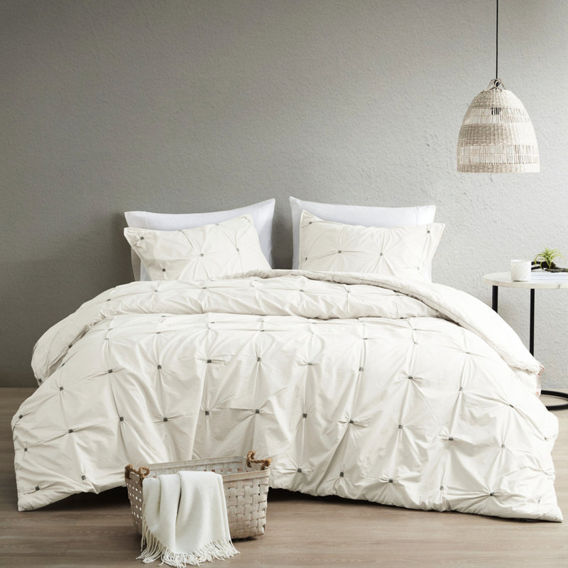 Édredon double / grand en coton blanc - 3 pièces de broderie élastique, rembourrage, bonnet caché d'hygiène et de qualité, 2 taies décoratives assorties en coton brodé, durabilité et confort