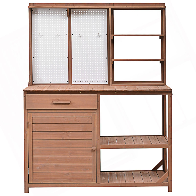 Banc de rempotage avec huche, poste de travail de jardin, 4 tablettes et rangement réglable, panneau perforé avec crochets, armoire d'appoint