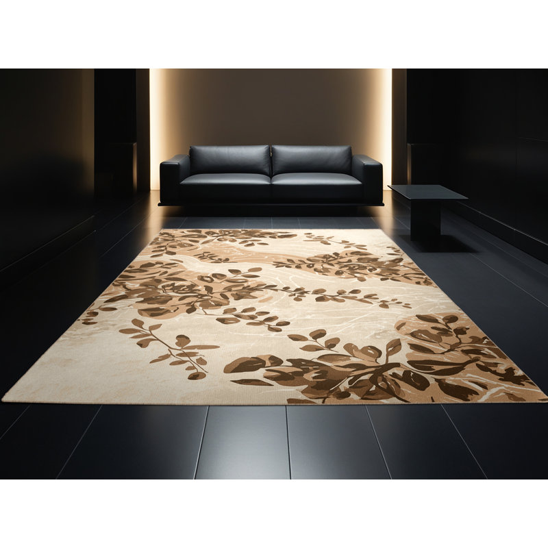 Machine Washable Ortencia Oregano Coastal Abstract Rug in Beige – Beige Binding, 7' Square