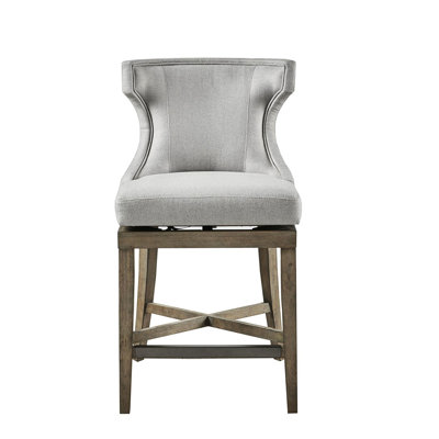 Tabouret de comptoir pivotant, pieds en bois récupéré, chaise de revêtement grise avec dossier rembourré, solide, charge de 300 lb