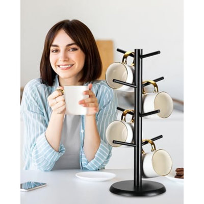 Coffee Mug Tree With 8 Hooks, Mug Tree Stand, Bamboo Coffee Cup Holder, Countertop Mug Tree, Mug Stand Kitchen Organizer, Cafe Accessories Decor & Kitchen Organizer Storage Stand (Black)