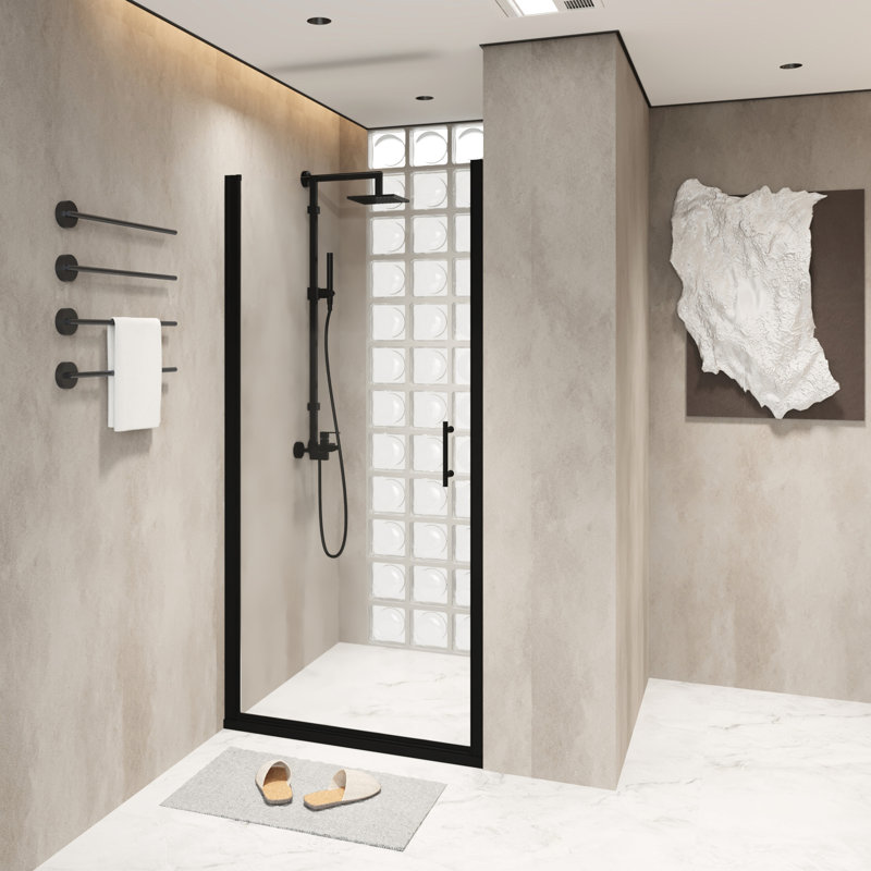 28X72 Inch Shower Door With Pivot Function, Matte Black Aluminum Half Frame, 1/4" Tempered Glass, Film, Practical Water - Blocking, Space Saving Swing For Bathroom Enhancement 6Mm Transparent Proof