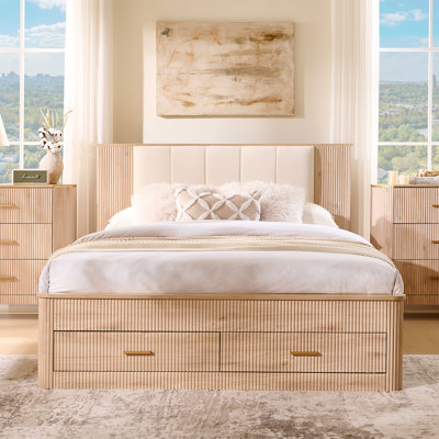 Queen Modern Platform Bed Frame With Storage Drawers & Charging Station, Upholstered Headboard With Usb Ports & Outlets, Sturdy Wood Slat Support, No Box Spring Needed, Easy Assembly, Light Oak