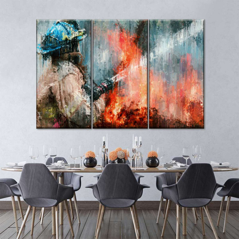 Abstrait pompier sur toile, ensemble de 3 pièces, H 48 po x l 74 po x P 1 po