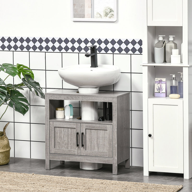 Compact Bathroom Sink Cabinet With 2 Doors And Open Shelf, Grey Under Door Shelf Storage