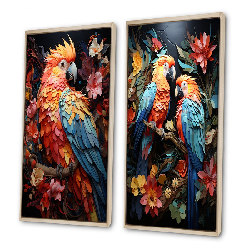 «Parrots Celestial Dance Melody», ensemble de 2 reproductions d'art perroquet, H 32 po x l 33 po, Cadre flottant brun