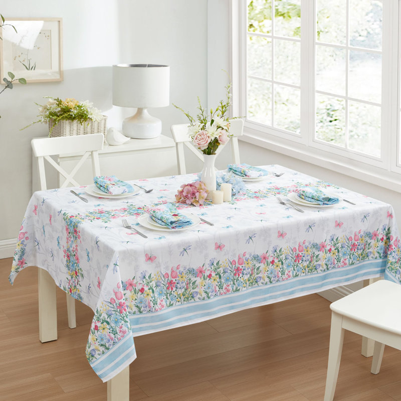 Alger Floral Watercolor Spring/Summer Double Border Tablecloth, 60" x 120" Rectangle