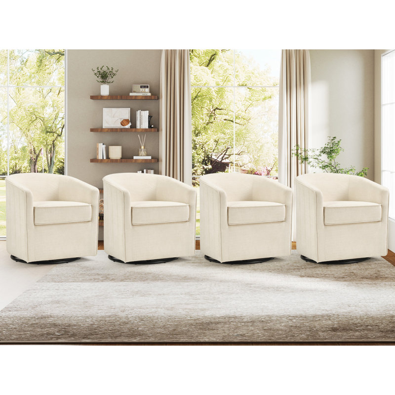 24.4" W Contemporary Upholstered Soft Swivel Barrel Chair And Ottoman, Beige