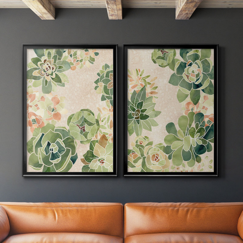 Vitrail Succulents I - ensemble de 2 reproductions d'art sur toile encadrées, H 41,25 po x l 61 po x P 1,25 po, Noir