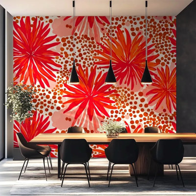 Red Orange Abstract Starburst Floral Polka Dot Painted Wall Mural