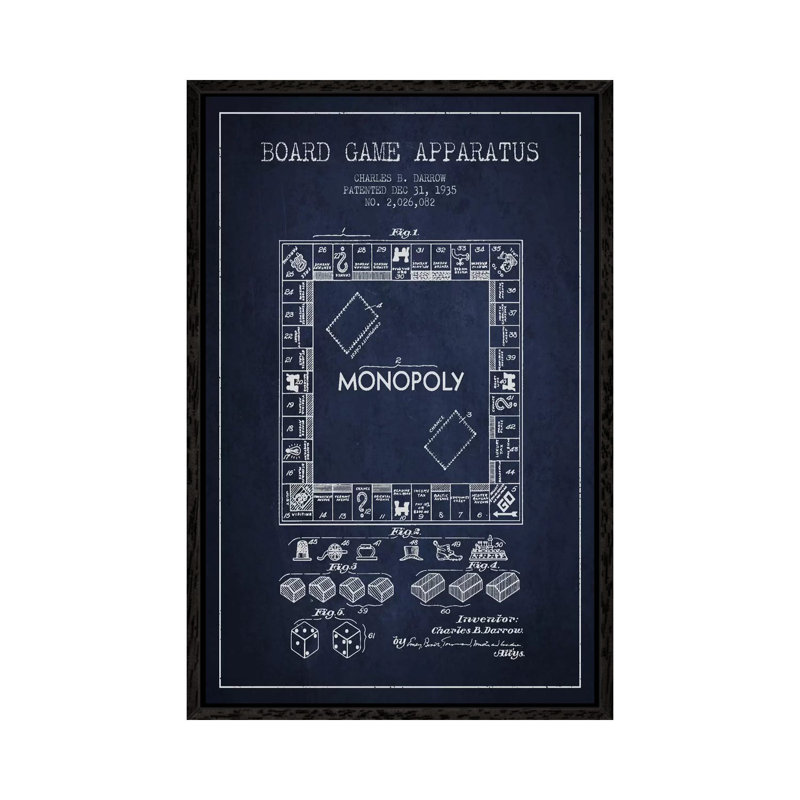 Monopoly Navy Blue Patent Blueprint by Aged Pixel - Print on Canvas, 101.6 cm H x 66.04 cm W, Black Framed