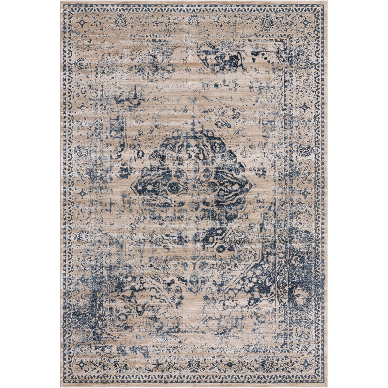 Arkeen Oriental Dark Blue/Beige/Ivory/Gray Area Rug, Rectangle 7'1" x 10'