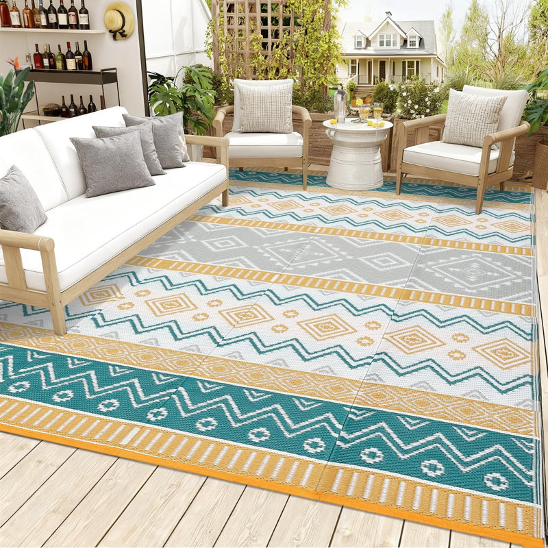 9' x 18' Reversible Outdoor Rug, Waterproof Plastic Straw Weave, Lightweight Foldable Design, Boho Style Patio Rug for Deck, Balcony or Picnic