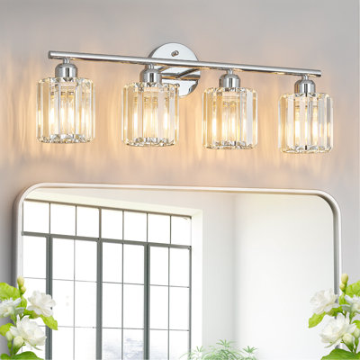 Modern Chrome 4-Light Crystal Vanity Light Vertical Bathroom Light Fixture Over Mirror for Dressing Table Sink, Compatible with Dimmable Bulbs (Bulbs Not Included)