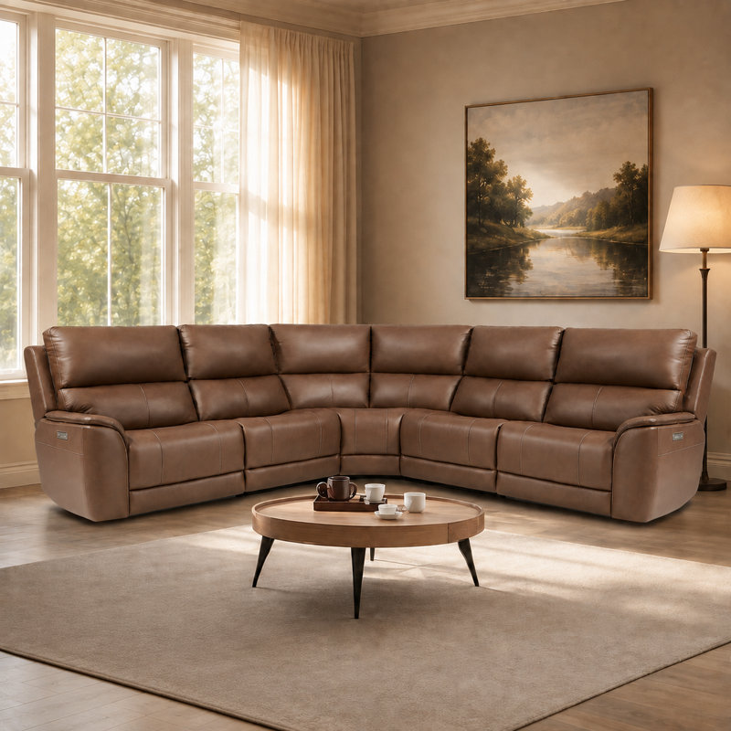 Canapé modulaire inclinable en cuir surdimensionné de 123 po à triple puissance inclinable avec soutien zéro, Marron clair