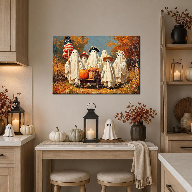 Fall Halloween Wall Art Ghost Painting, Spooky Figures, Autumn Decor, Modern and Japandi Interiors, Living Room Bedroom Entryway Halloween Ghost Pictures Wall Decor 12×18 inches