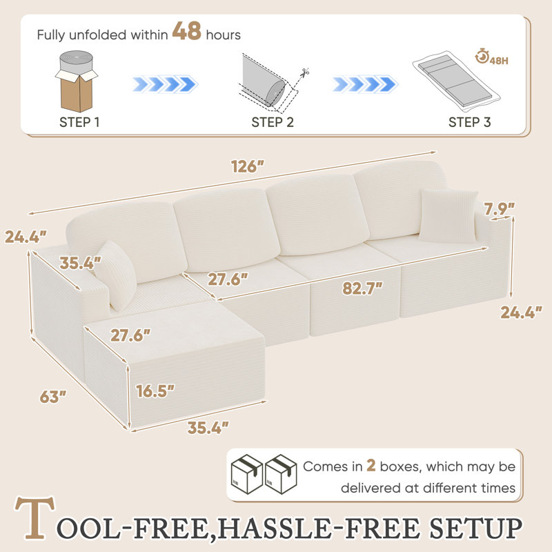 Canapé modulaire en forme de L Boneless, canapé modulaire en U avec accoudoirs larges Cloud, Velours côtelé beige