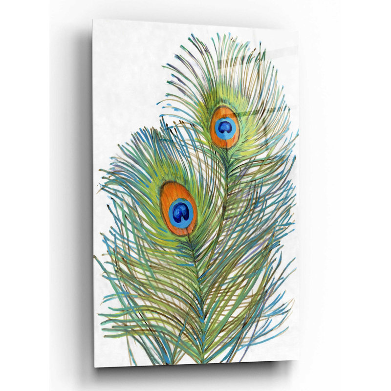 «Vivid Peacock Feathers I» par Tim O'Toole, art mural en verre acrylique, H 24 po x l 16 po x P 0,2 po