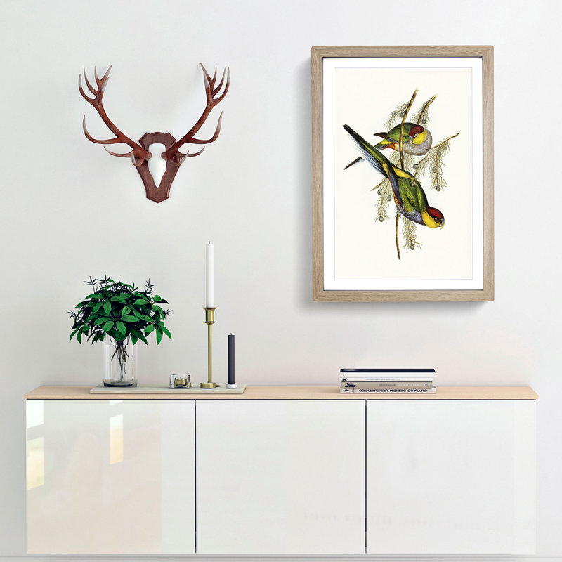 Red-Capped Parakeets by Elizabeth Gould - Picture Frame Painting Print, Oak Framed, 65cm H x 48cm W x 2cm D
