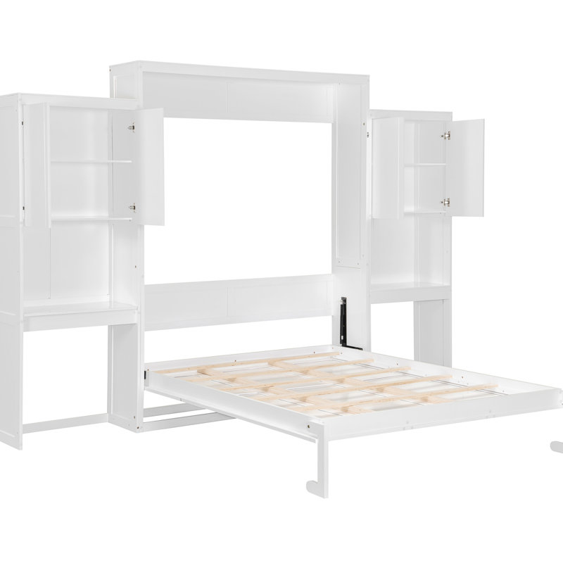 Grand lit blanc avec bureau, meuble-lavabo et rangement, de haute qualité pour une chambre à coucher de qualité moderne