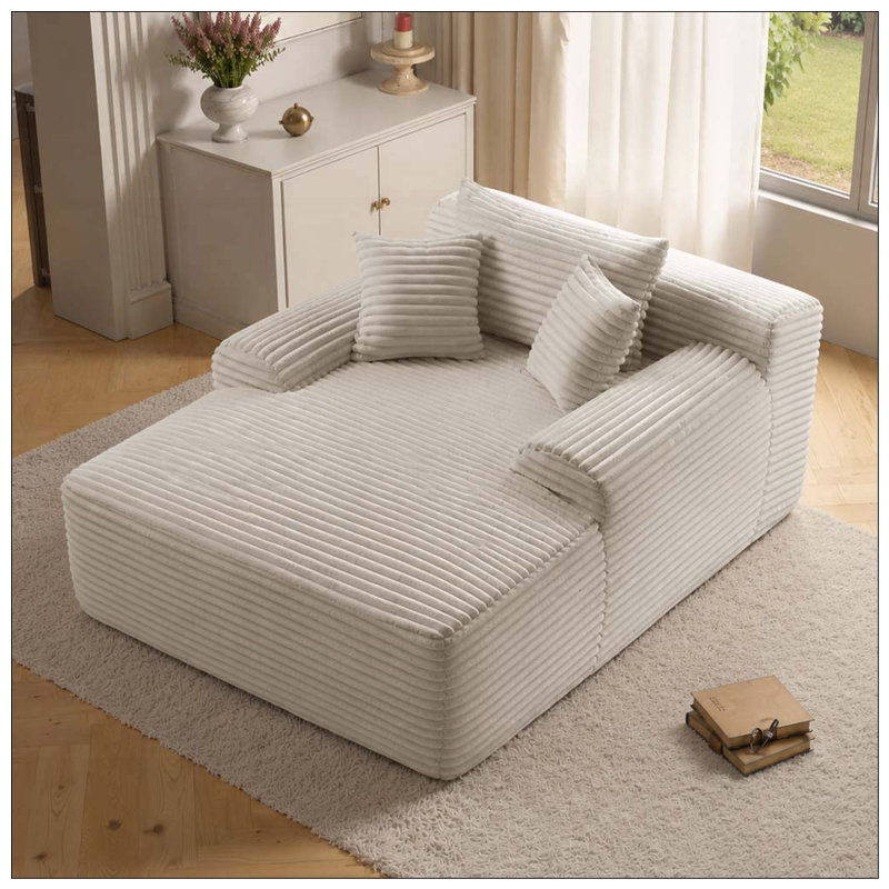 Chaise longue convertible sans assemblage avec accoudoirs larges, coussins et velours côtelé moelleux, Tissu blanc