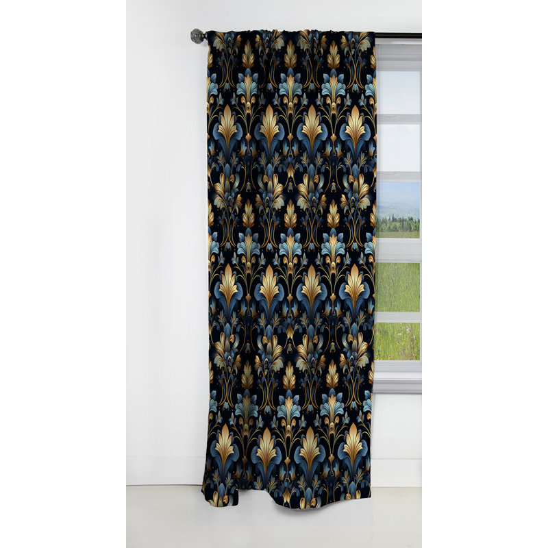Motif damassé doré et bleu de luxe - Rideau Ikat - Rideau occultant en damas - 1 panneau, L 52 po x L 90 po
