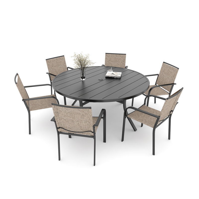 Ensemble repas pour 6 personnes avec table ronde, Noir / Beige