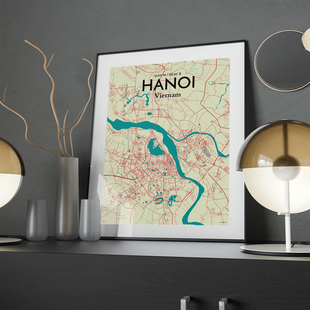 Hanoi City Map In Tricolour - No Frame Print