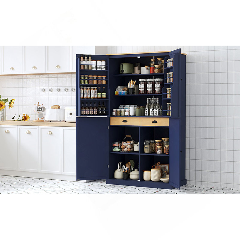 40.2X20x71.3Inch High Freestanding Kitchen Pantry Large Cupboard Storage Cabinet With 2 Drawers, 2 Adjustable Shelves, 8 Door Shelves For Kitchen, Dining Room,Blue