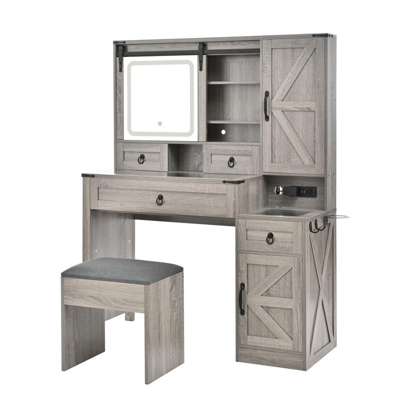 Bureau de coiffeuse avec miroir coulissant et lumières, Gris