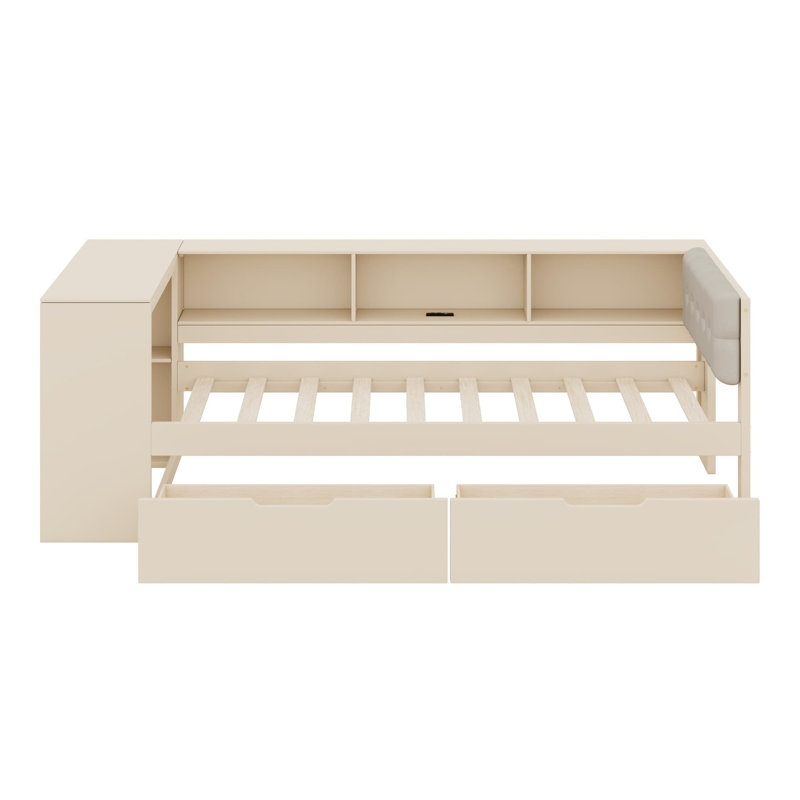 Lit plateforme avec tablettes de rangement, Lit simple, Crème