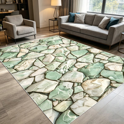 Tapis de sol en mosaïque de pierre irrégulière vert sauge 1pc pour le salon, doux et confortable, convient à toutes les saisons, facile à entretenir, tapis de sol intérieur lavable à la machine, sous la table de ferme convenant à la table à manger, à l'îlot de cuisine, à la chambre à coucher,