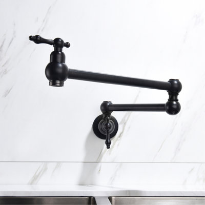 Pot Filler Faucet Wall Mount Matte Black, Brass Construction, Arm For Efficient And Filling, Double Handles To Control Water Flow Consistency, Corrosion Finish Black Mounted, Brass, Quick Smooth