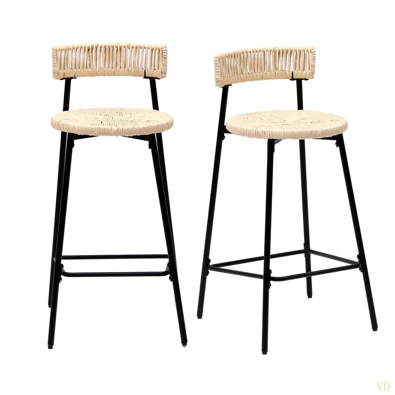 Ensemble de 2 tabourets de comptoir, tabourets de bar en corde de papier tissés à la main Boho, Blanc crémeux