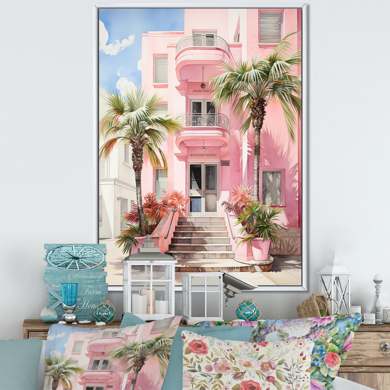 Zappha Pink Miami Artful Facades II - Miami, art mural, H 20 po x l 12 po x P 1 po, Cadre flottant blanc