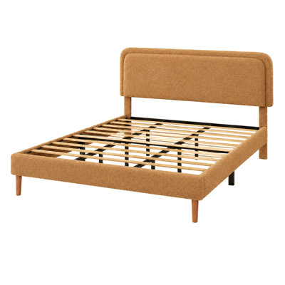 Structure de grand lit, lit plateforme rembourré moelleux avec tête de lit réglable en hauteur, structure robuste et lattes, conception silencieuse, compatible avec les matelas sans ressorts, facile à assembler, brun