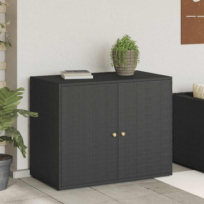 vidaXL Garden Storage Cabinet, Outdoor Tool Chest, Black Poly Rattan with Solid Acacia Wood Door Knobs, Powder-Coated Steel Frame, 39.4"x21.9"x31.5"