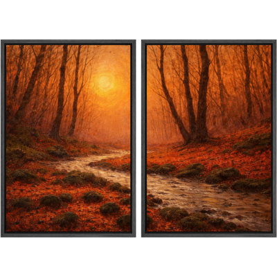 «Autumn Forest Path with Warm Sunset Light», reproduction d'art sur toile encadrée pour chambre principale, 2 pièces