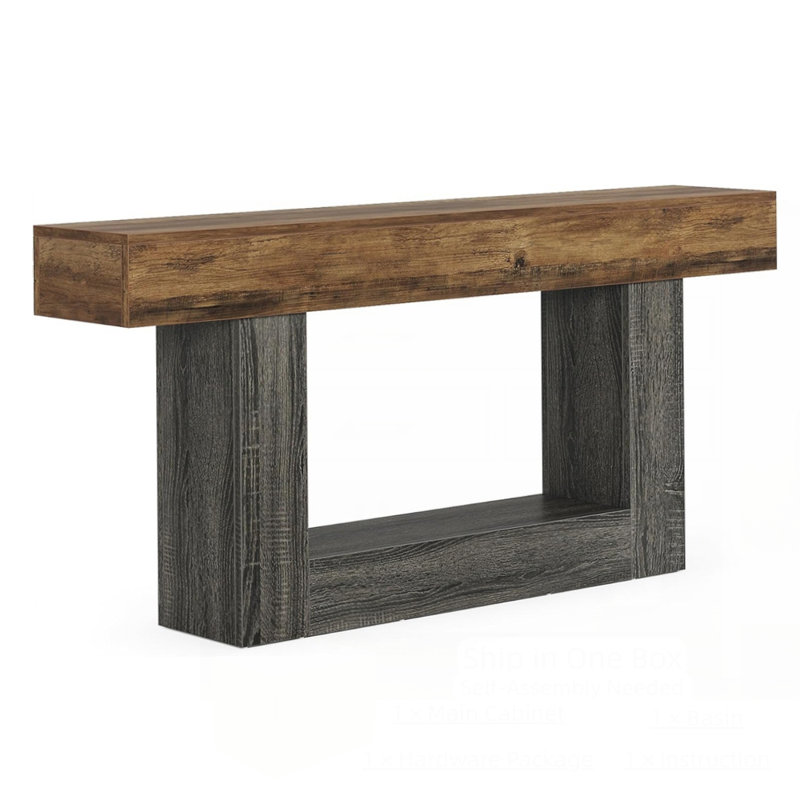 Narrow Long Wooden Sofa Table with Rustic Farmhouse Style and U-Shaped Base for Living Room Decor